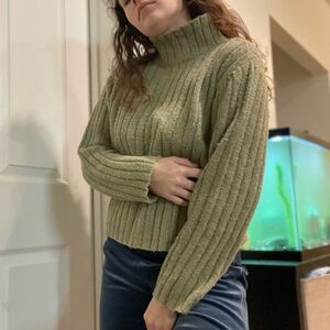 Vintage Oversized Fuzzy Thick Rib Mock‎ Neck Sweater Green Sz Large Petite